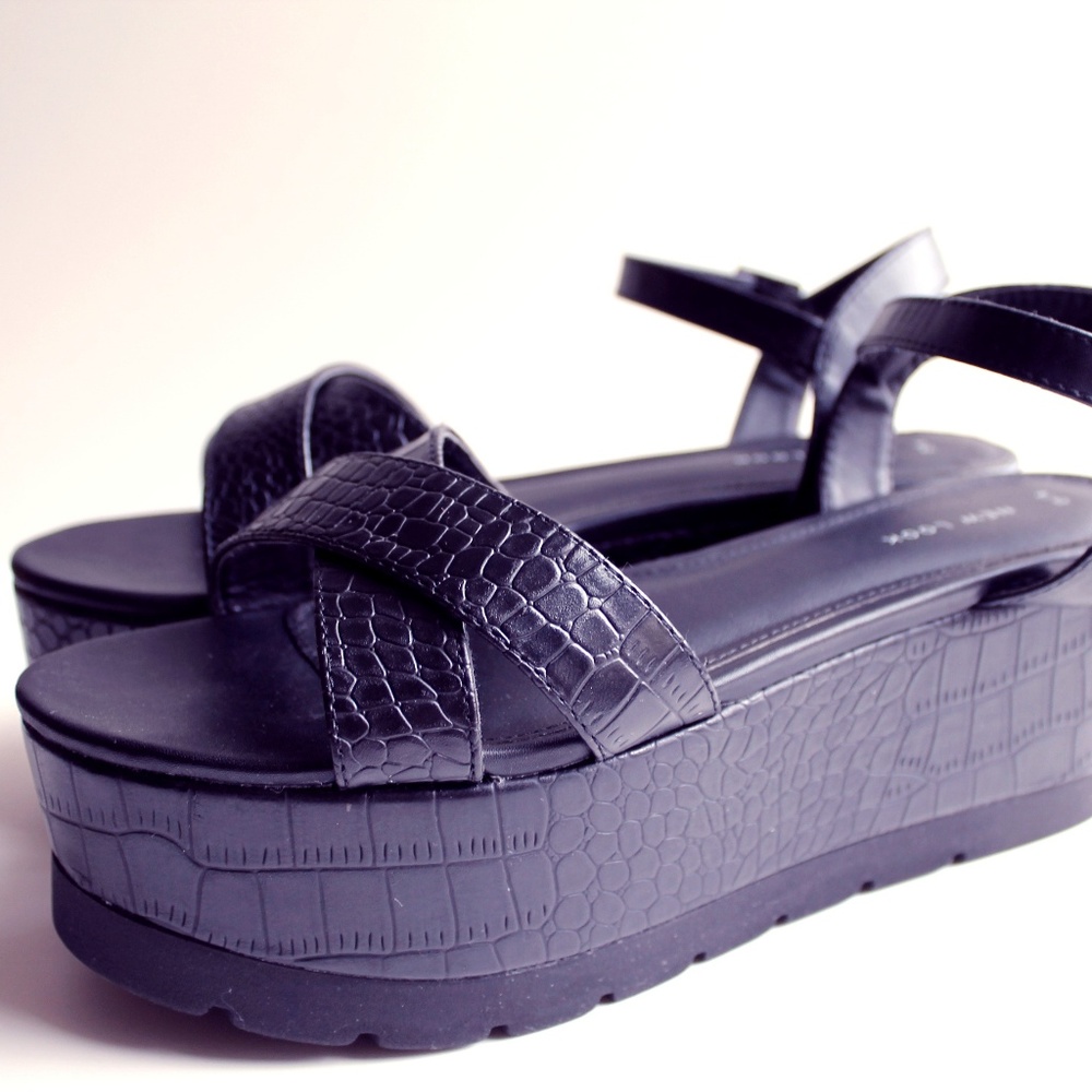 New Look Black Snake Skin Wedge Platform